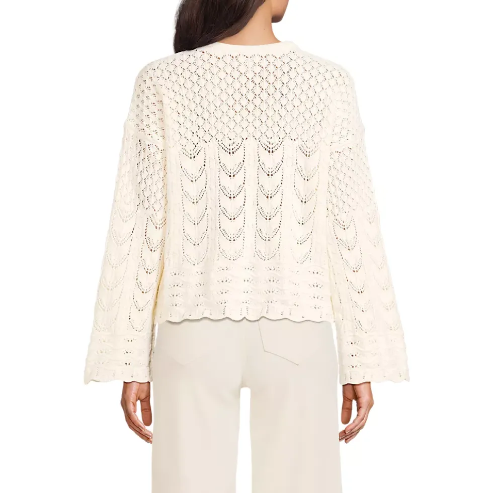 Women's Cotton Boucle Pointelle Notch Neck Sweater