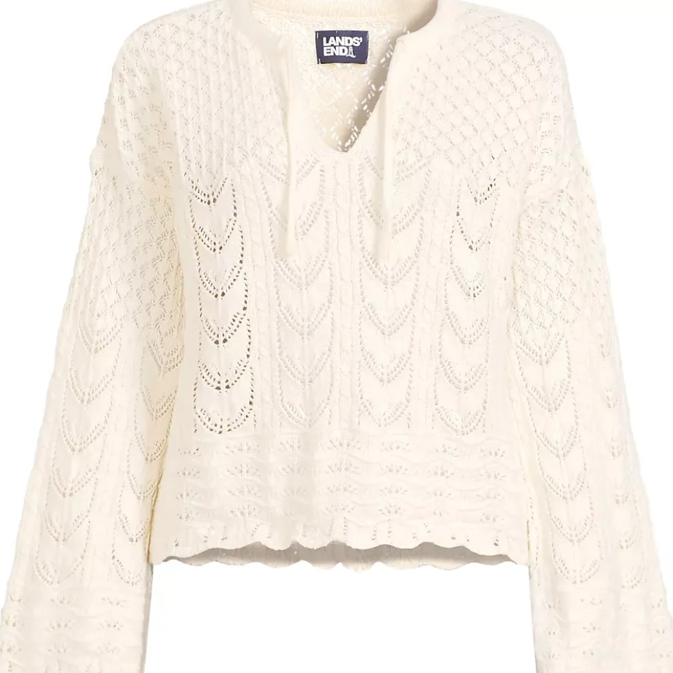 Women's Cotton Boucle Pointelle Notch Neck Sweater