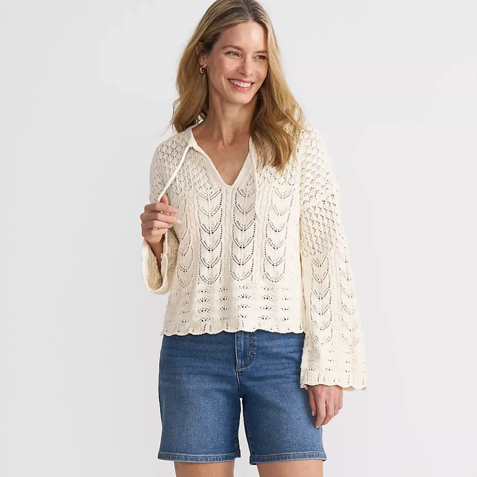 Women's Cotton Boucle Pointelle Notch Neck Sweater