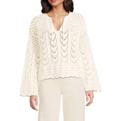 Women's Cotton Boucle Pointelle Notch Neck Sweater