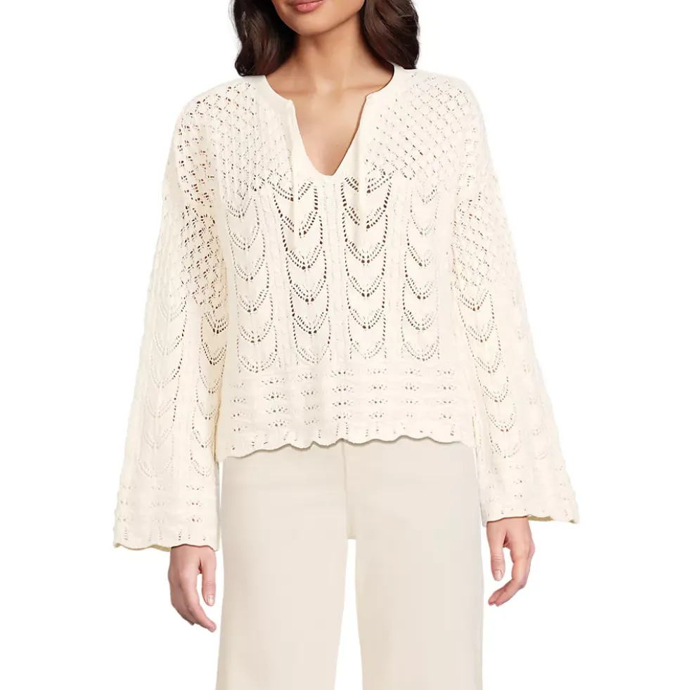 Women's Cotton Boucle Pointelle Notch Neck Sweater