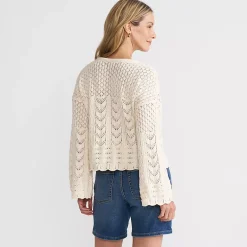 Women's Cotton Boucle Pointelle Notch Neck Sweater