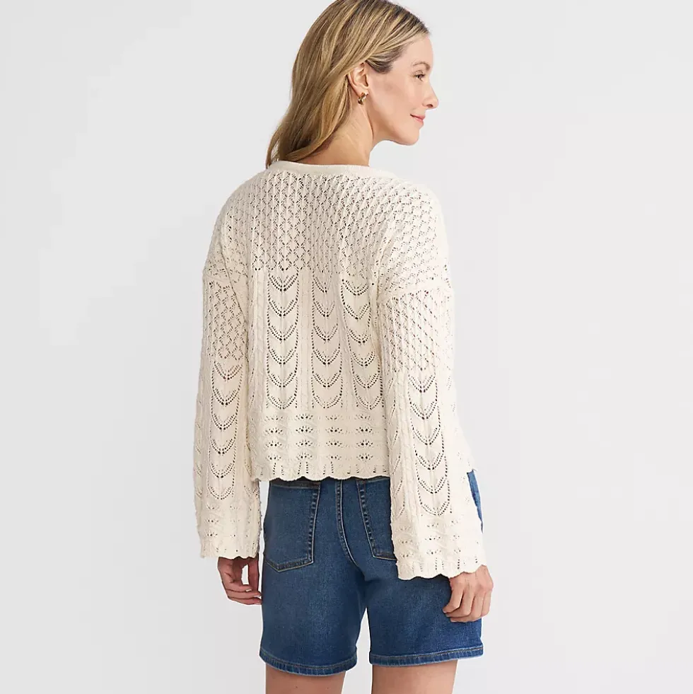 Women's Cotton Boucle Pointelle Notch Neck Sweater