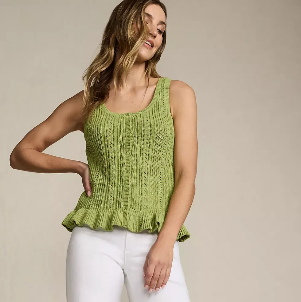 Women's Cotton Boucle Ruffle Hem Sleeveless Sweater