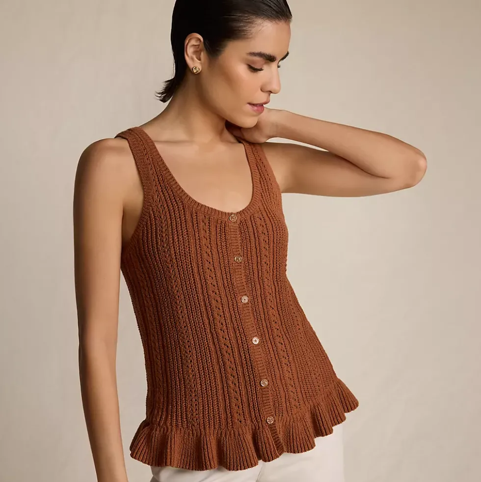 Women's Cotton Boucle Ruffle Hem Sleeveless Sweater