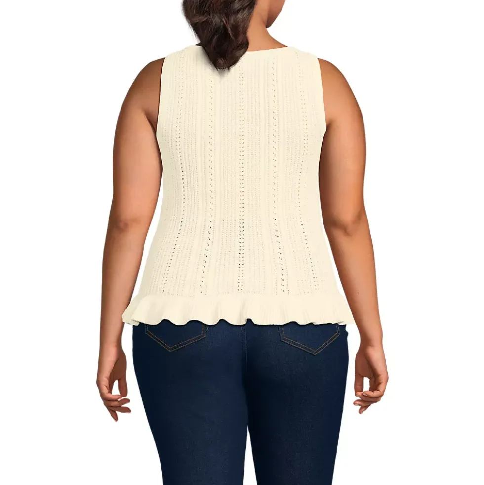 Women's Cotton Boucle Ruffle Hem Sleeveless Sweater
