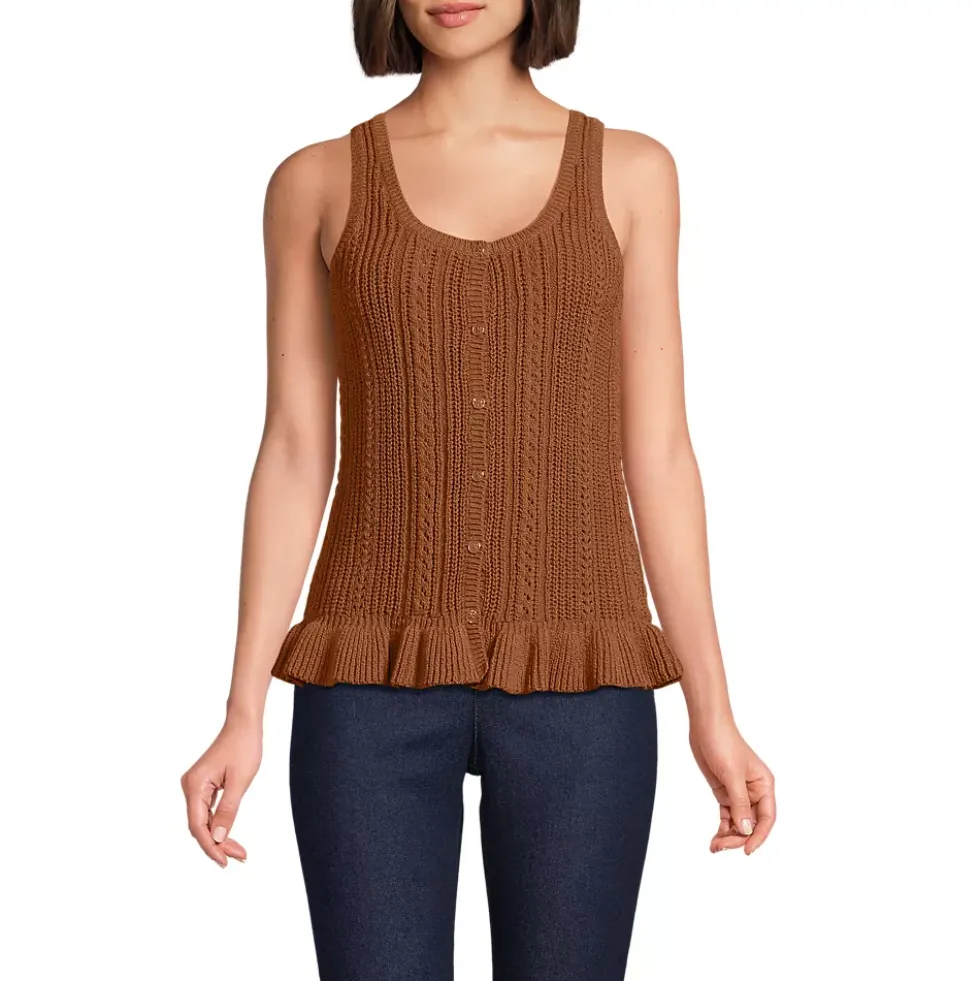 Women's Cotton Boucle Ruffle Hem Sleeveless Sweater
