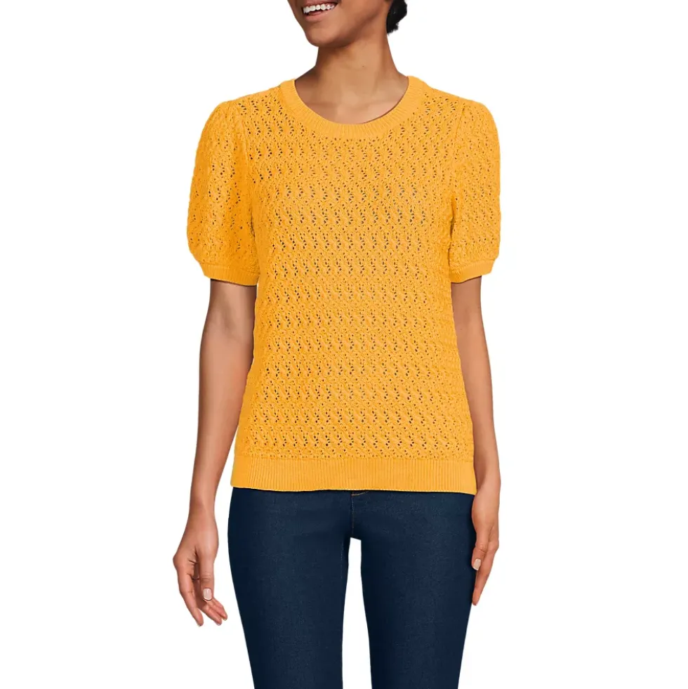Women's Cotton Cable Puff Sleeve Crew Neck Sweater