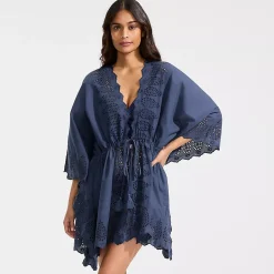 Women's Cotton Eyelet Tie Kimono Cover-Up