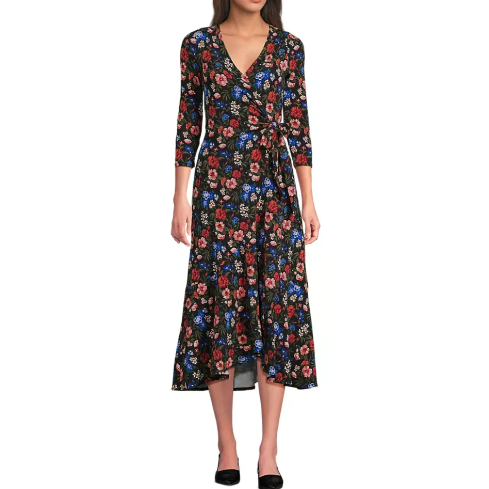 Women's Cotton Modal 3/4 Sleeve Vneck Wrap Dress