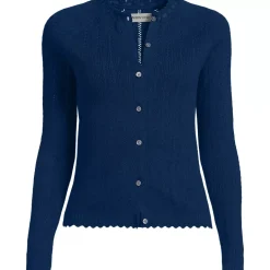 Women's Cotton Pointelle Satin Trim Cardigan Sweater