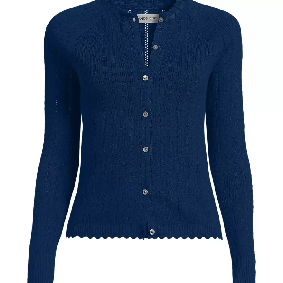 Women's Cotton Pointelle Satin Trim Cardigan Sweater