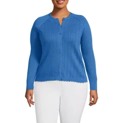 Women's Cotton Pointelle Satin Trim Cardigan Sweater
