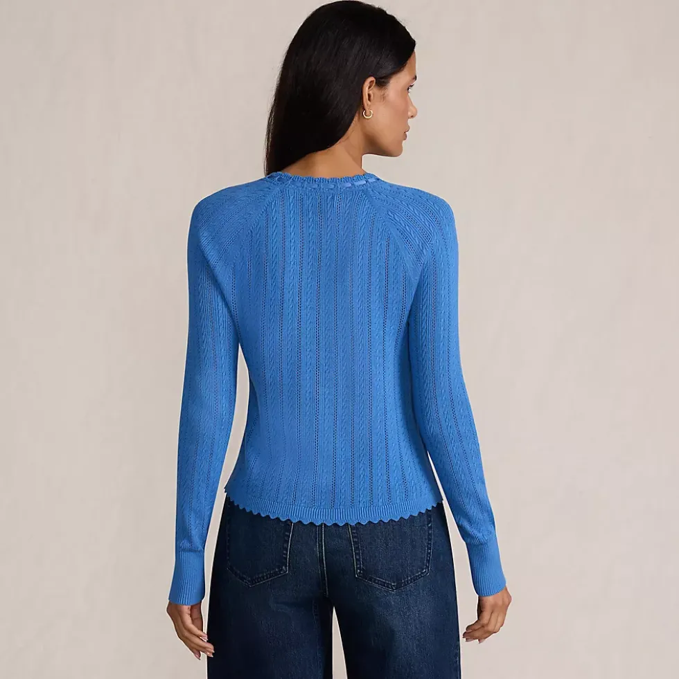 Women's Cotton Pointelle Satin Trim Cardigan Sweater