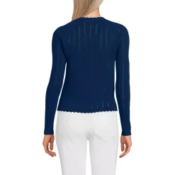 Women's Cotton Pointelle Satin Trim Cardigan Sweater