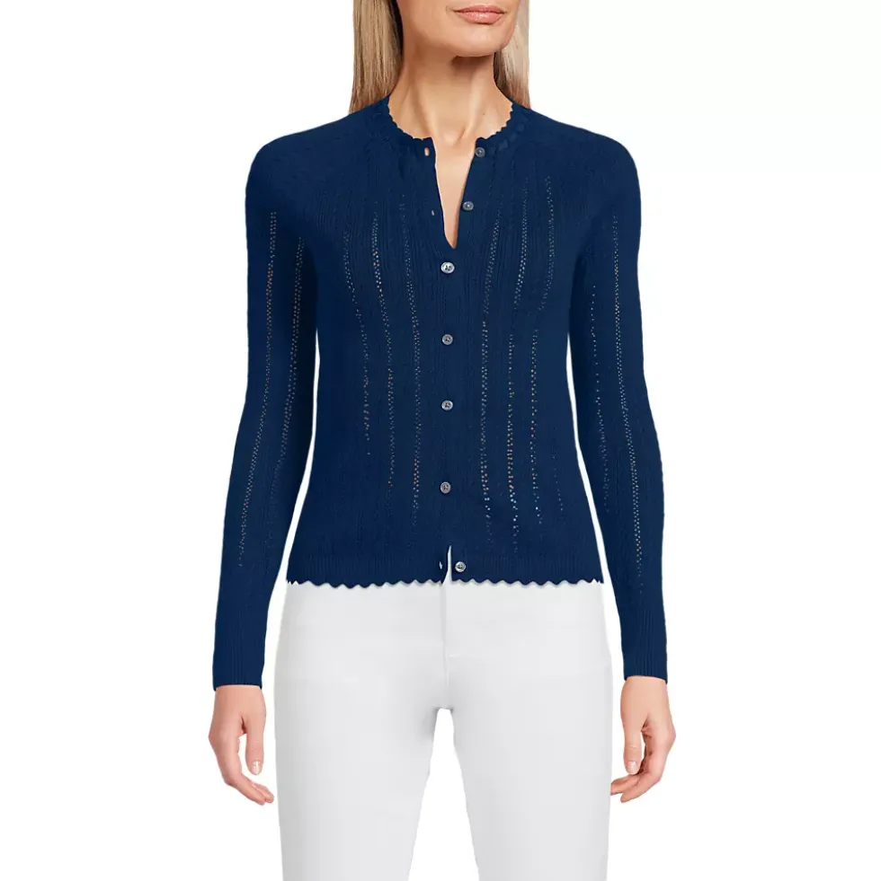 Women's Cotton Pointelle Satin Trim Cardigan Sweater