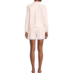 Women's Cotton Poplin 2 Piece Pajama Set - Long Sleeve Top and Shorts with Piping