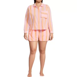 Women's Cotton Poplin 2 Piece Pajama Set - Long Sleeve Top and Shorts with Piping