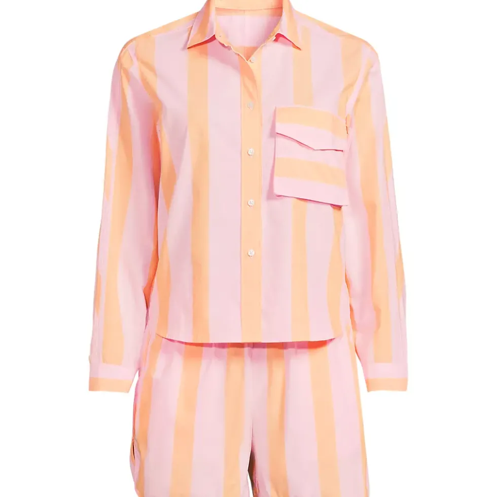 Women's Cotton Poplin 2 Piece Pajama Set - Long Sleeve Top and Shorts with Piping