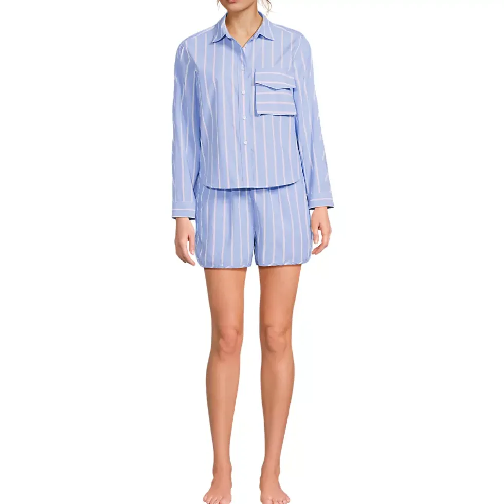 Women's Cotton Poplin 2 Piece Pajama Set - Long Sleeve Top and Shorts with Piping
