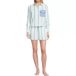 Women's Cotton Poplin 2 Piece Pajama Set - Long Sleeve Top and Shorts with Piping