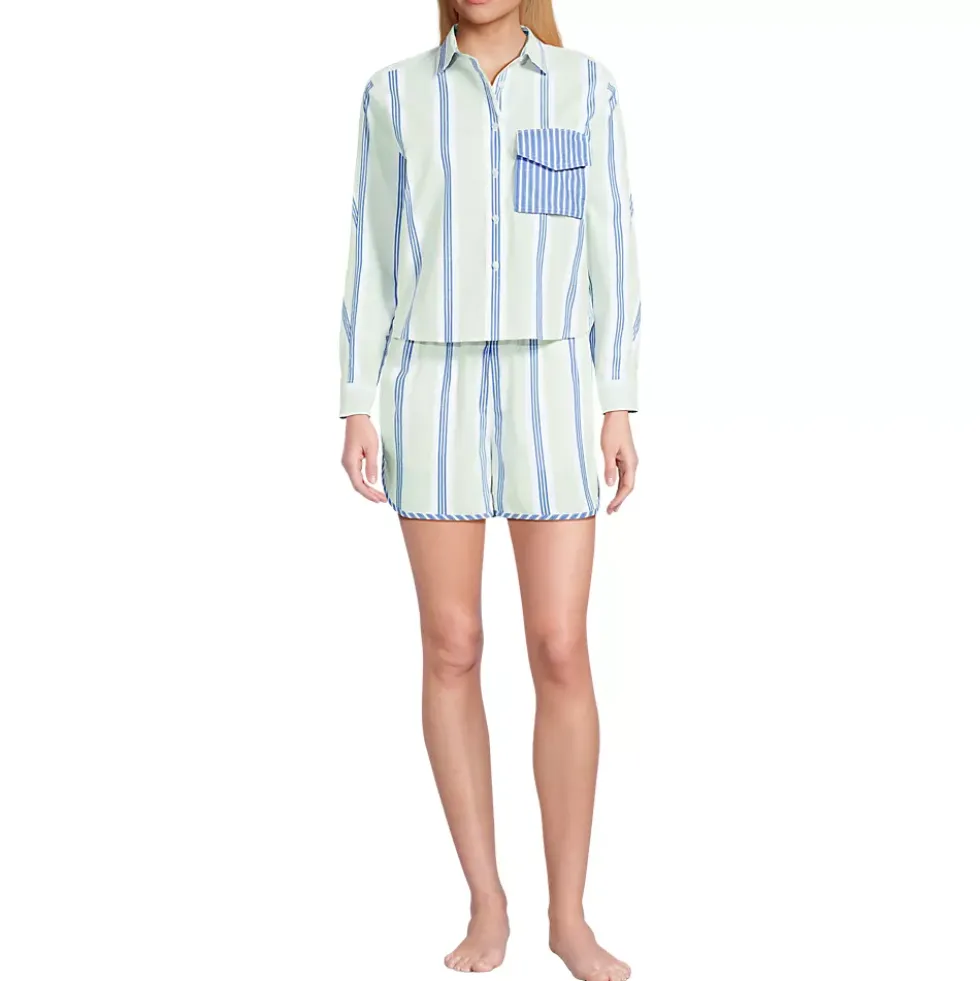 Women's Cotton Poplin 2 Piece Pajama Set - Long Sleeve Top and Shorts with Piping