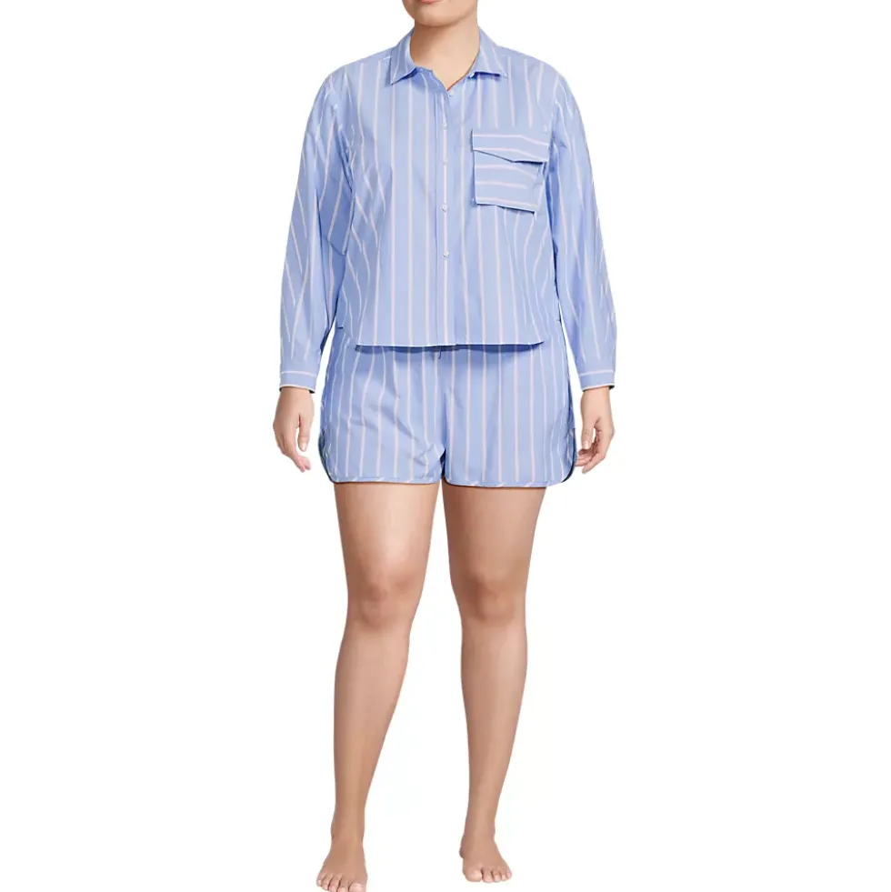Women's Cotton Poplin 2 Piece Pajama Set - Long Sleeve Top and Shorts with Piping