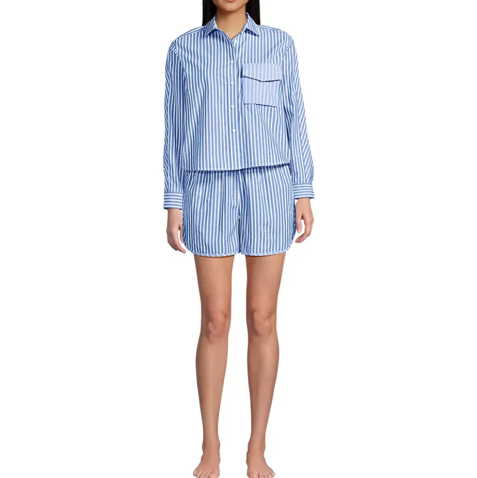 Women's Cotton Poplin 2 Piece Pajama Set - Long Sleeve Top and Shorts with Piping
