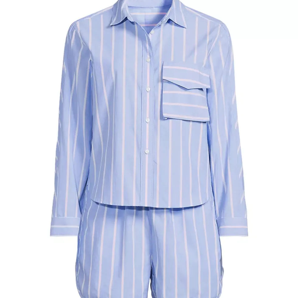 Women's Cotton Poplin 2 Piece Pajama Set - Long Sleeve Top and Shorts with Piping