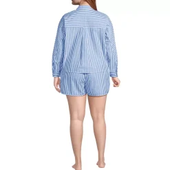 Women's Cotton Poplin 2 Piece Pajama Set - Long Sleeve Top and Shorts with Piping