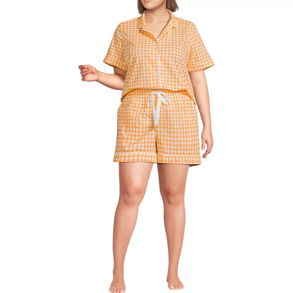 Women's Cotton Poplin 2 Piece Pajama Set - Short Sleeve Top and Shorts