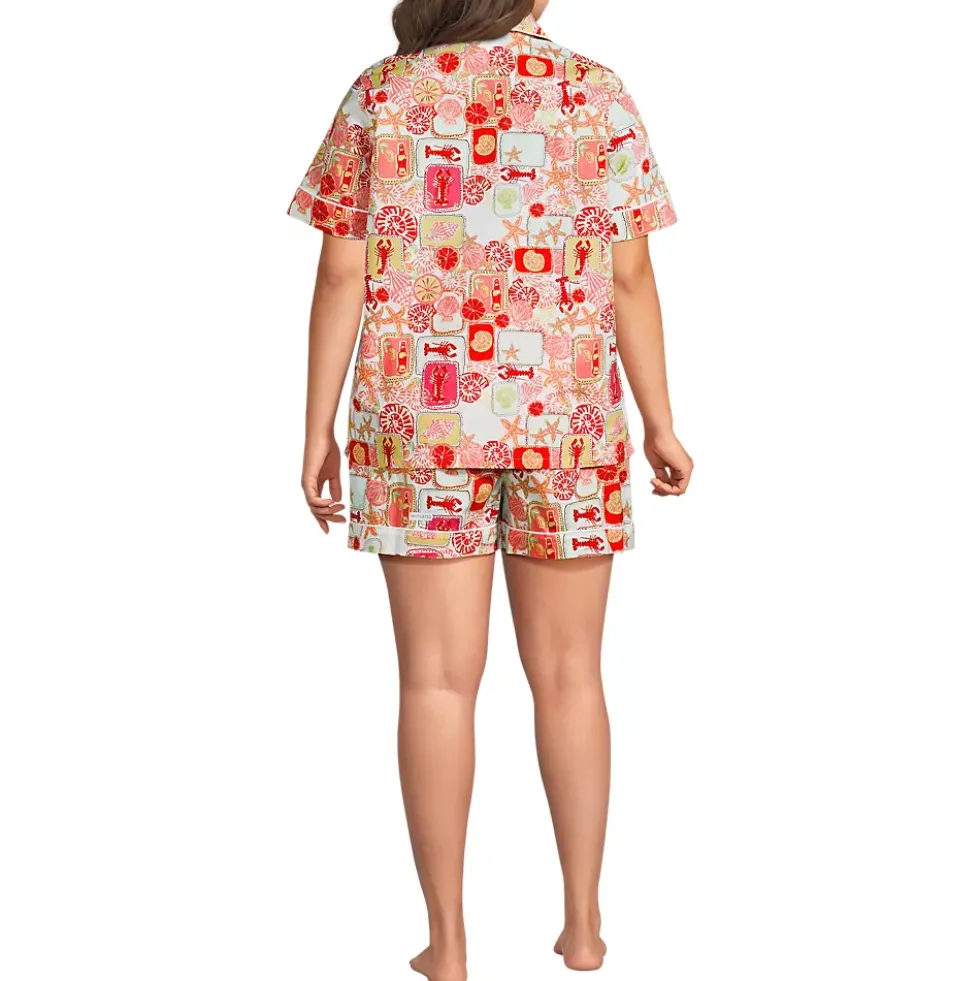 Women's Cotton Poplin 2 Piece Pajama Set - Short Sleeve Top and Shorts