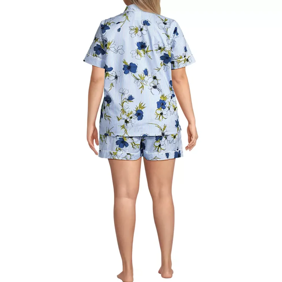 Women's Cotton Poplin 2 Piece Pajama Set - Short Sleeve Top and Shorts