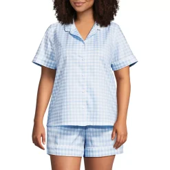 Women's Cotton Poplin 2 Piece Pajama Set - Short Sleeve Top and Shorts