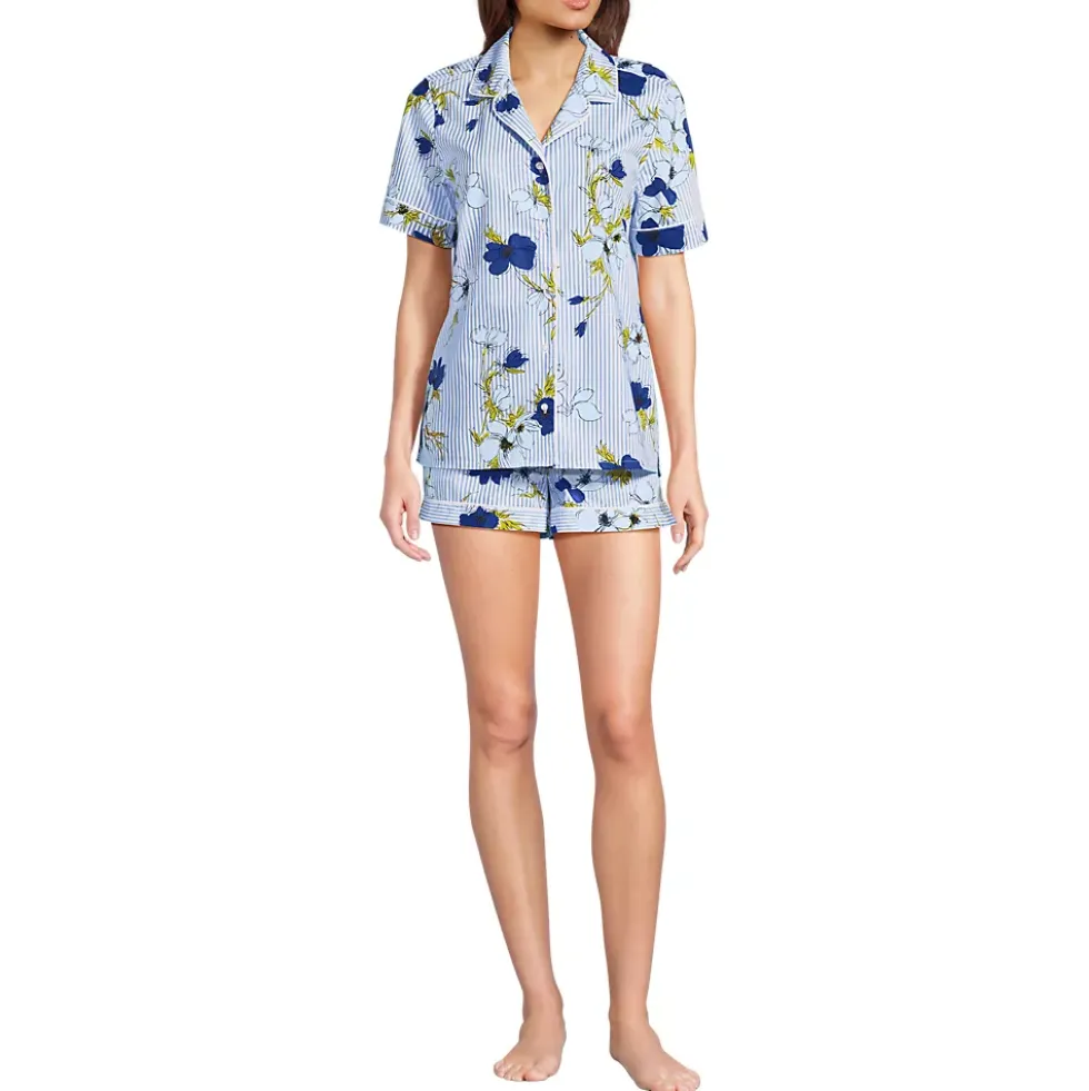 Women's Cotton Poplin 2 Piece Pajama Set - Short Sleeve Top and Shorts