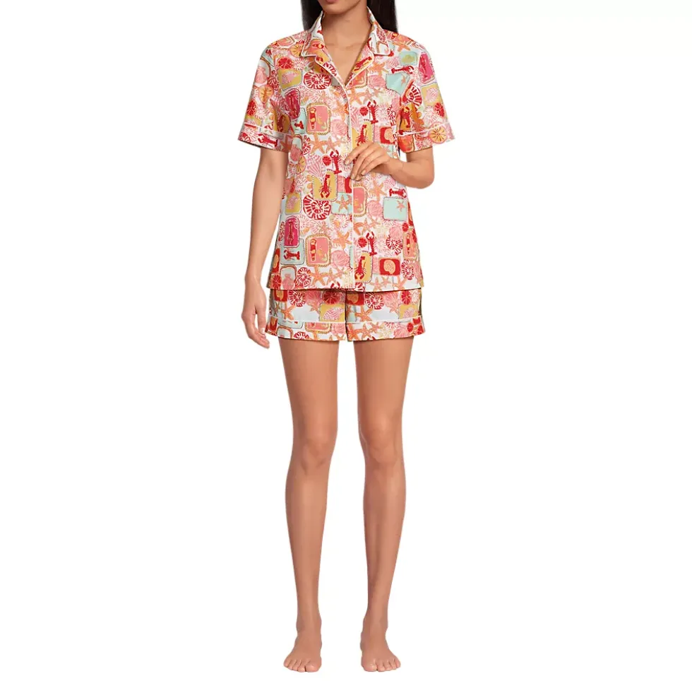 Women's Cotton Poplin 2 Piece Pajama Set - Short Sleeve Top and Shorts