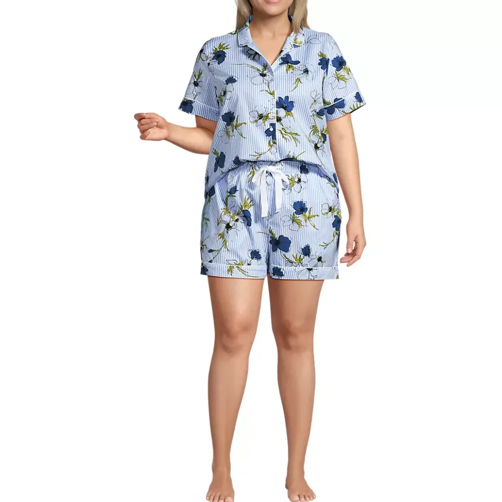 Women's Cotton Poplin 2 Piece Pajama Set - Short Sleeve Top and Shorts