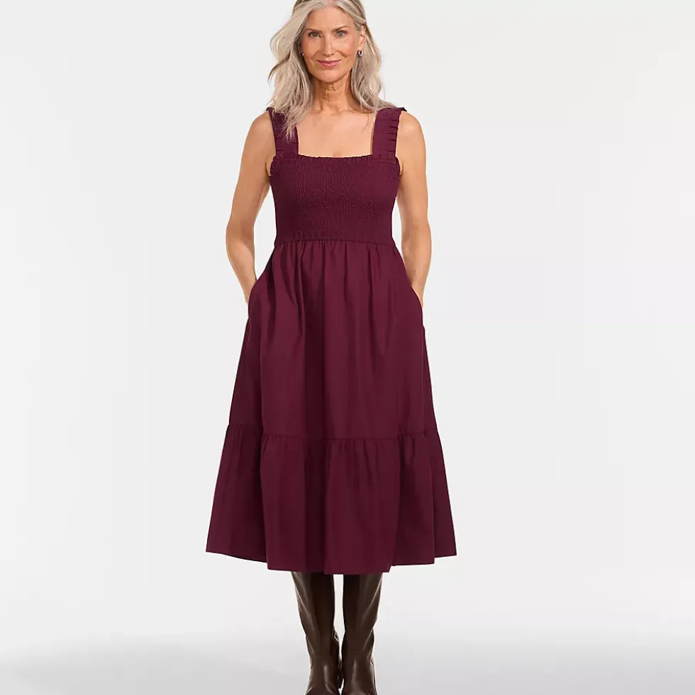 Women's Cotton Poplin Ruffle Smocked Dress
