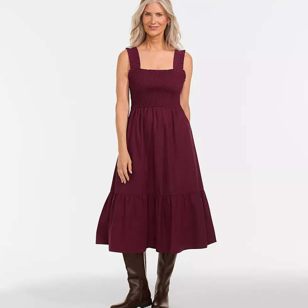 Women's Cotton Poplin Ruffle Smocked Dress