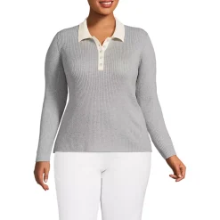 Women's Cotton Ribbed Long Sleeve Polo Sweater