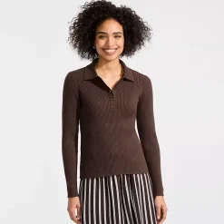 Women's Cotton Ribbed Long Sleeve Polo Sweater