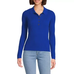 Women's Cotton Ribbed Long Sleeve Polo Sweater