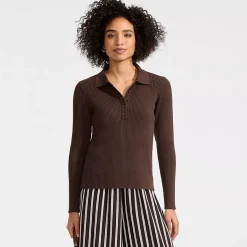 Women's Cotton Ribbed Long Sleeve Polo Sweater