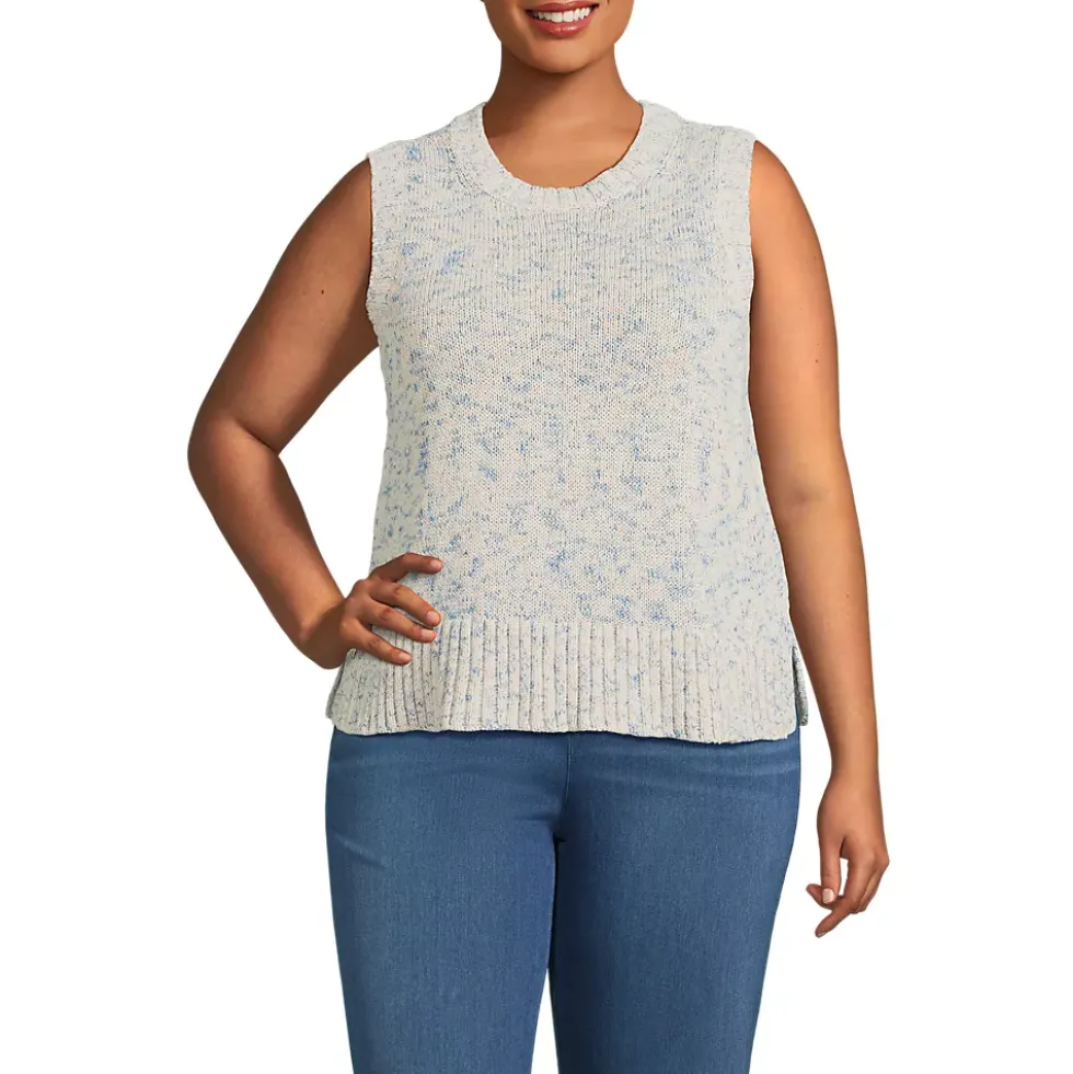 Women's Cotton Tweed Textured Crewneck Vest Sweater