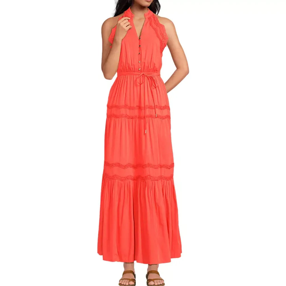 Women's Cotton Voile Halter Tiered Maxi Dress