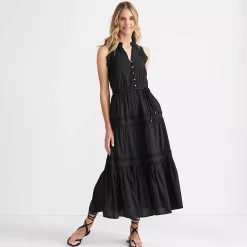 Women's Cotton Voile Halter Tiered Maxi Dress