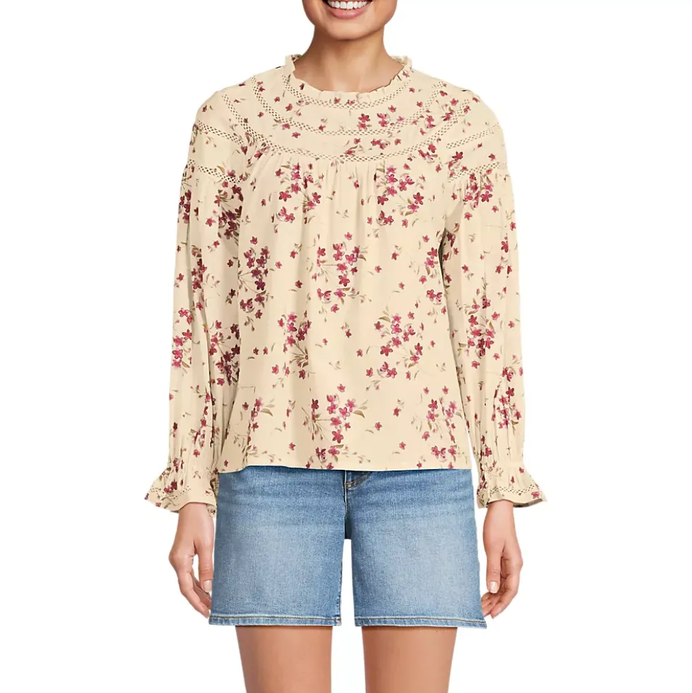Women's Cotton Voile Long Sleeve Crew Neck Top