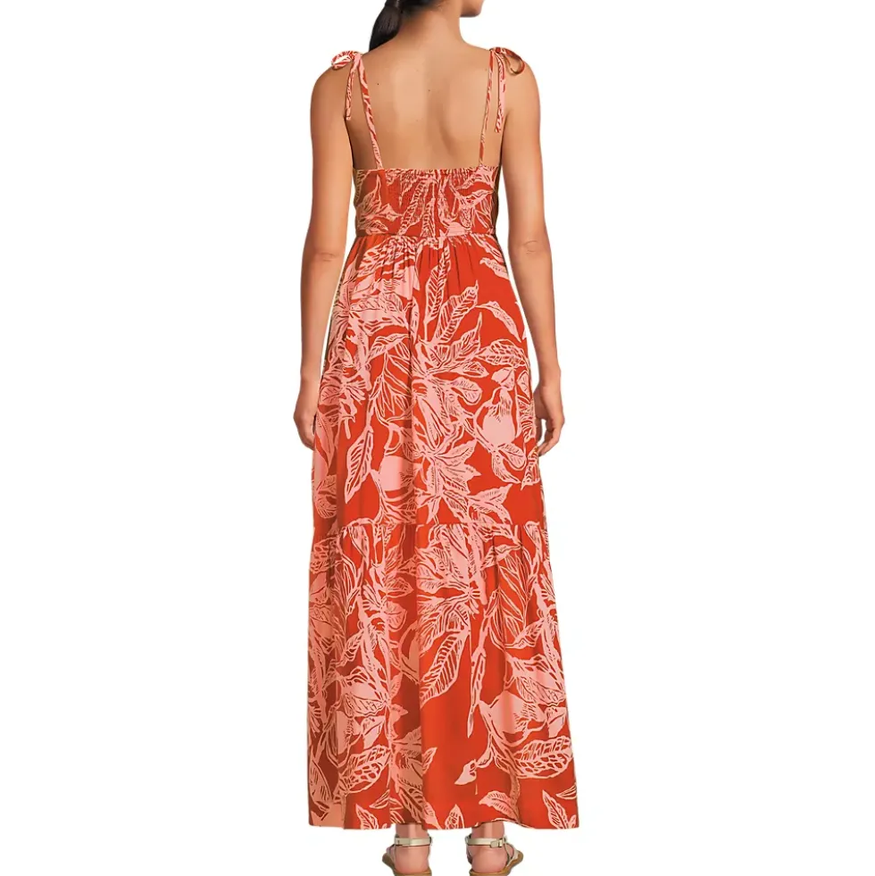 Women's Cotton Voile Vneck Tie Strap Maxi Dress