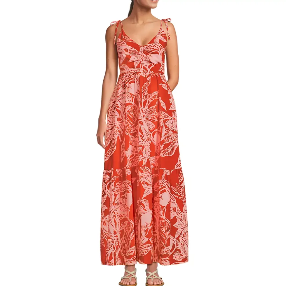 Women's Cotton Voile Vneck Tie Strap Maxi Dress