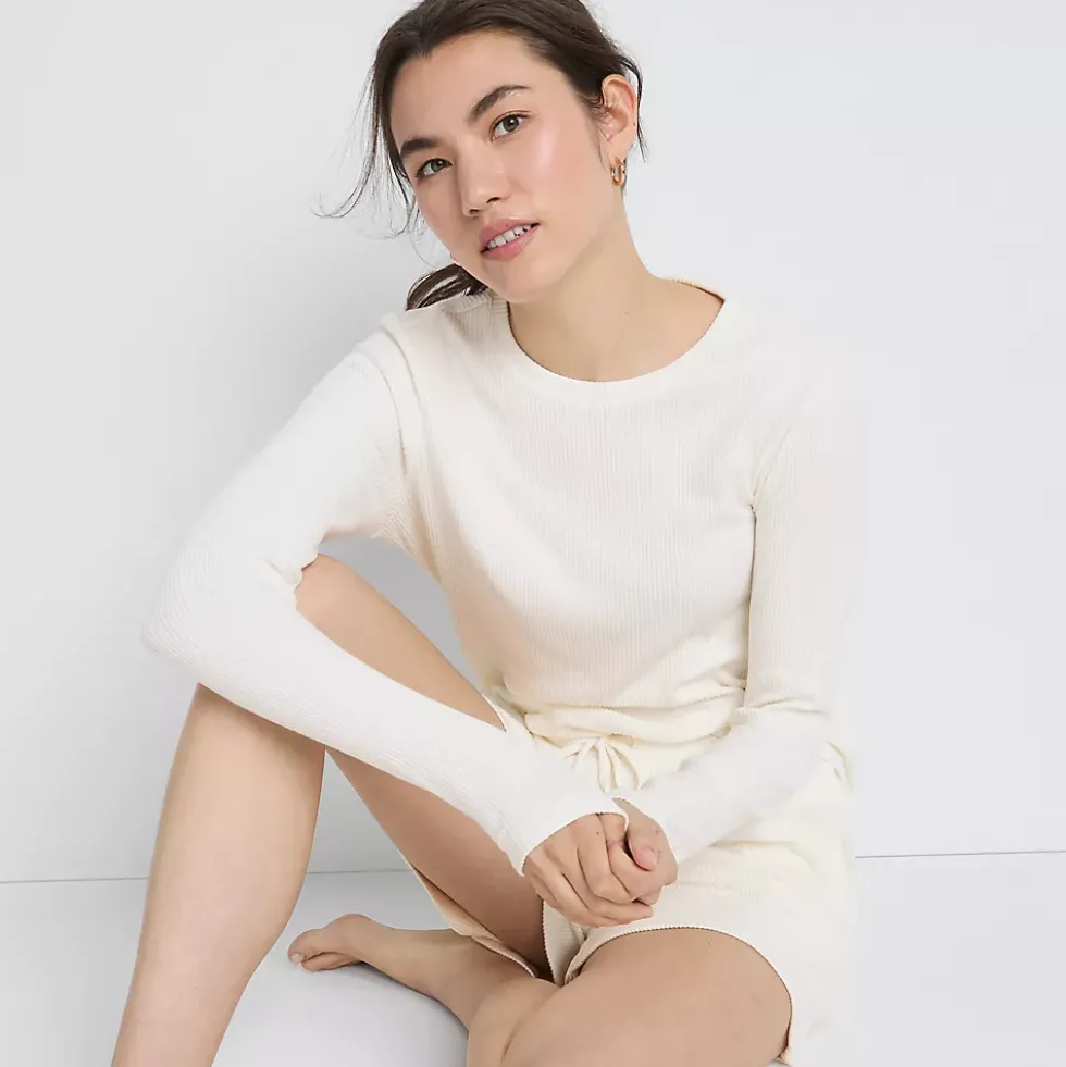 Women's Cozy Brushed Rib 2 Piece Pajama Set - Long Sleeve Top and Shorts
